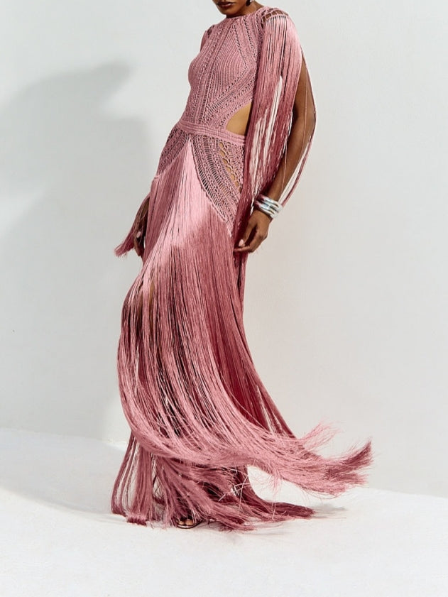 Pink Fringed Crochet Gown