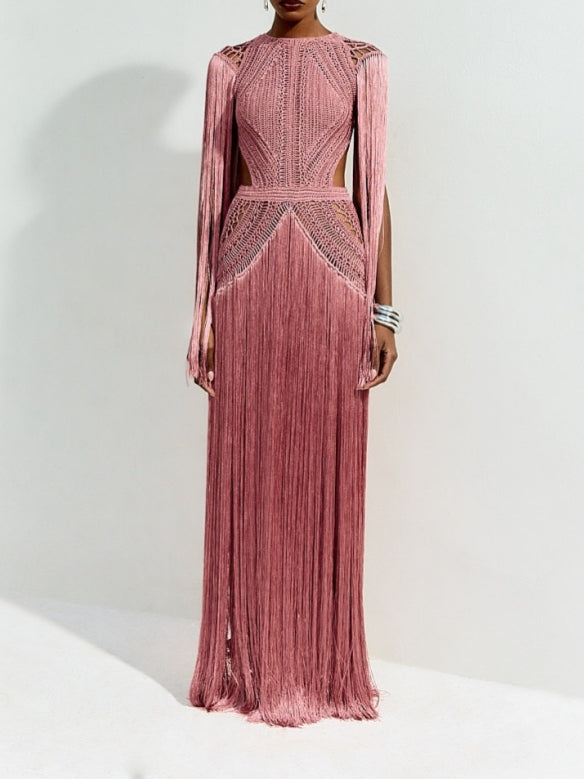 Pink Fringed Crochet Gown