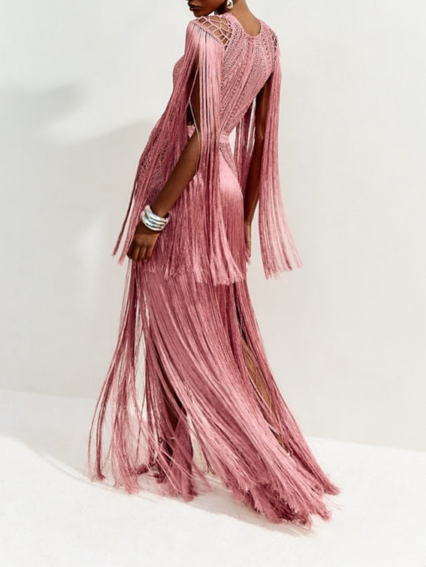 Pink Fringed Crochet Gown