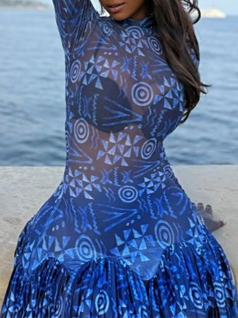 Long Blue Patterned Maxi Dress