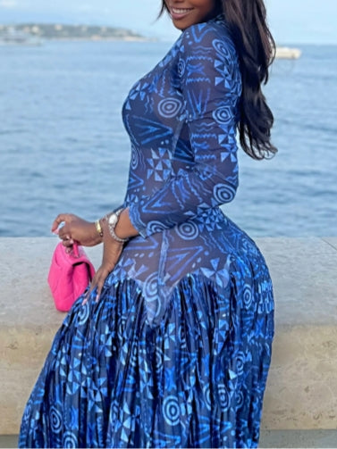 Long Blue Patterned Maxi Dress