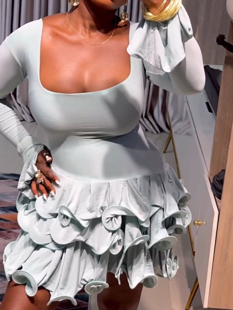 Elegant Light Mint Green Ruffled Mini Dress