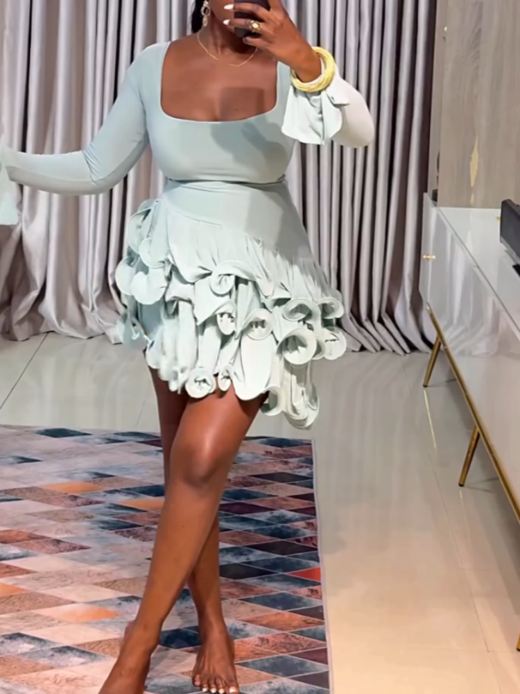 Elegant Light Mint Green Ruffled Mini Dress