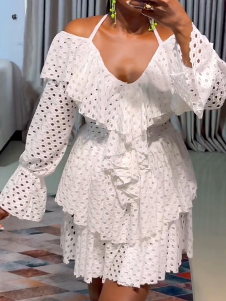 White Eyelet Off-Shoulder Ruffle Dress
