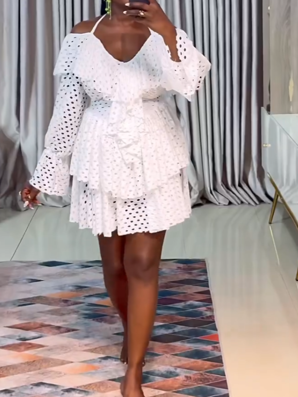 White Eyelet Off-Shoulder Ruffle Dress