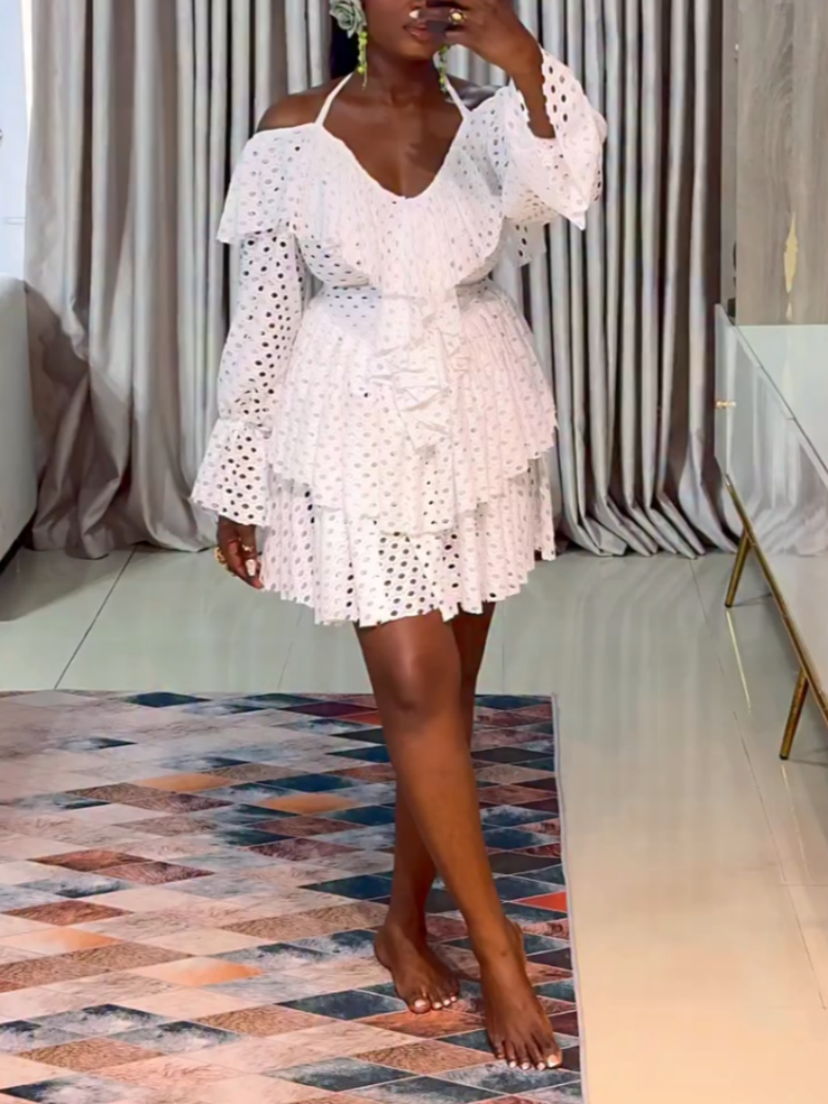 White Eyelet Off-Shoulder Ruffle Dress