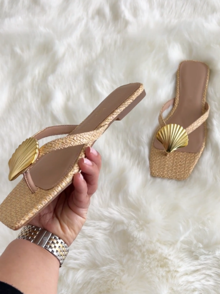 Gold Shell Embellishment Woven Platform Sandals