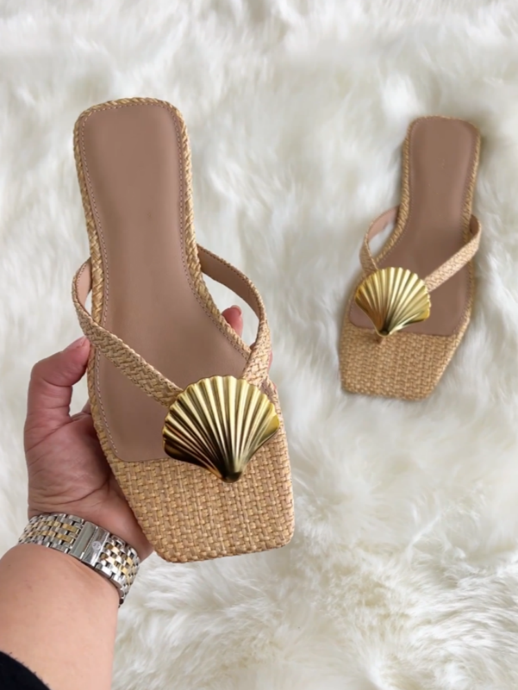 Gold Shell Embellishment Woven Platform Sandals