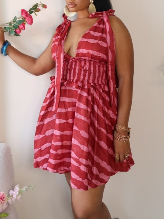 Red And Pink Striped Sleeveless Dress