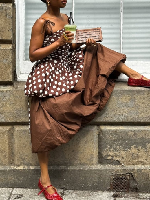 Brown Polka Dot Ruffled Top With Long Brown Dress