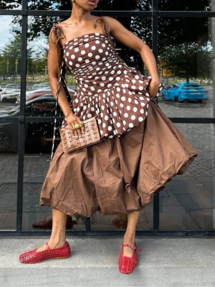Brown Polka Dot Ruffled Top With Long Brown Dress