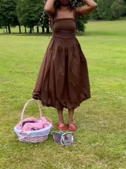 Brown Polka Dot Ruffled Top With Long Brown Dress