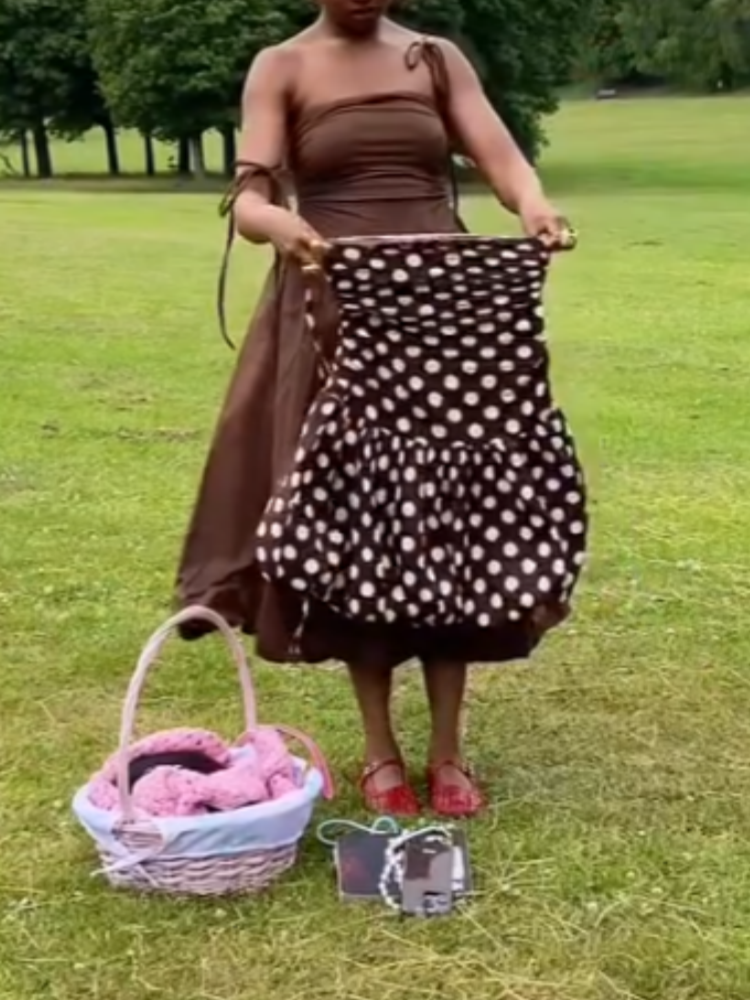 Brown Polka Dot Ruffled Top With Long Brown Dress