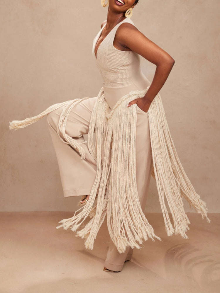 Beige Sleeveless Fringe Detail Two Pieces Set