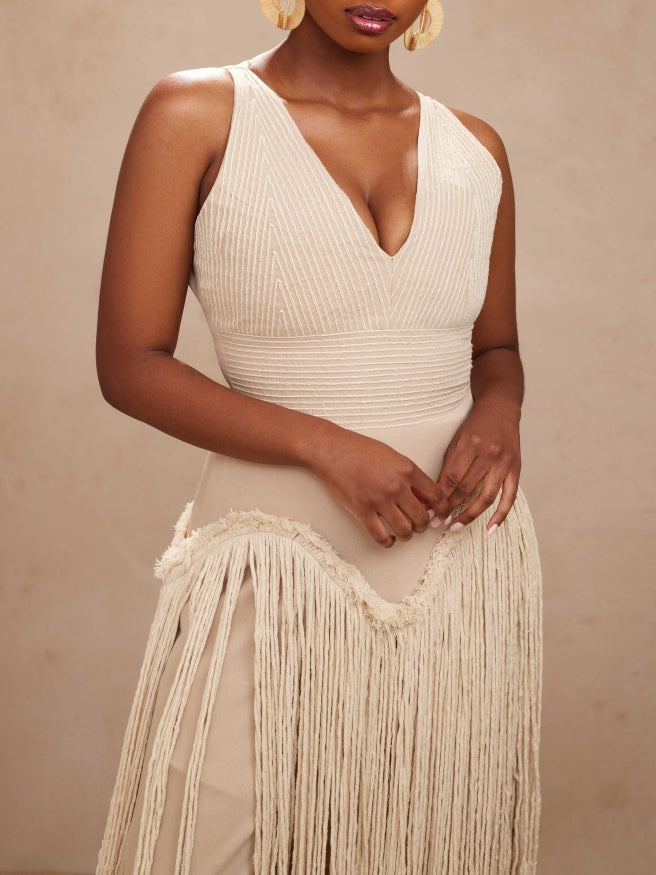 Beige Sleeveless Fringe Detail Two Pieces Set