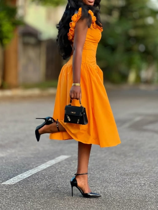 Orange Off-Shoulder Midi Dress