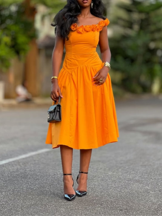 Orange Off-Shoulder Midi Dress