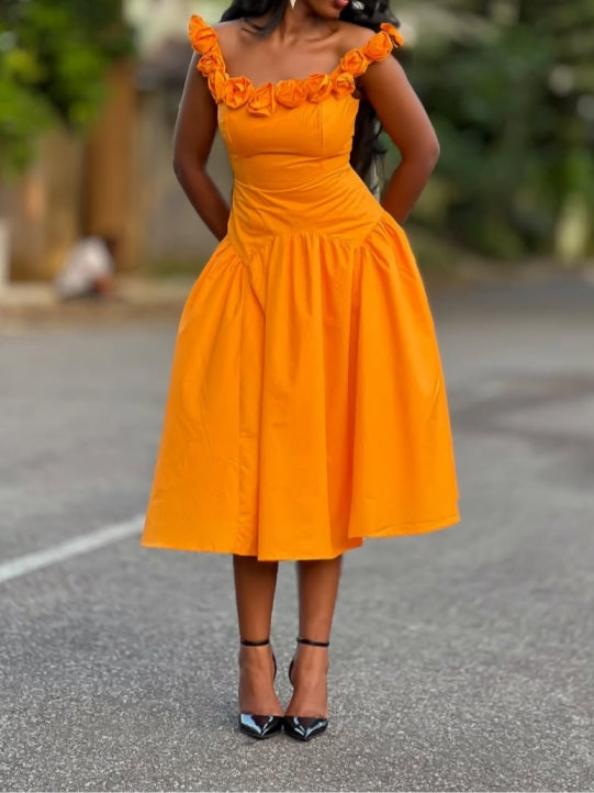 Orange Off-Shoulder Midi Dress
