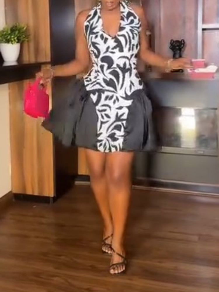 Black And White Patterned Sleeveless Dress
