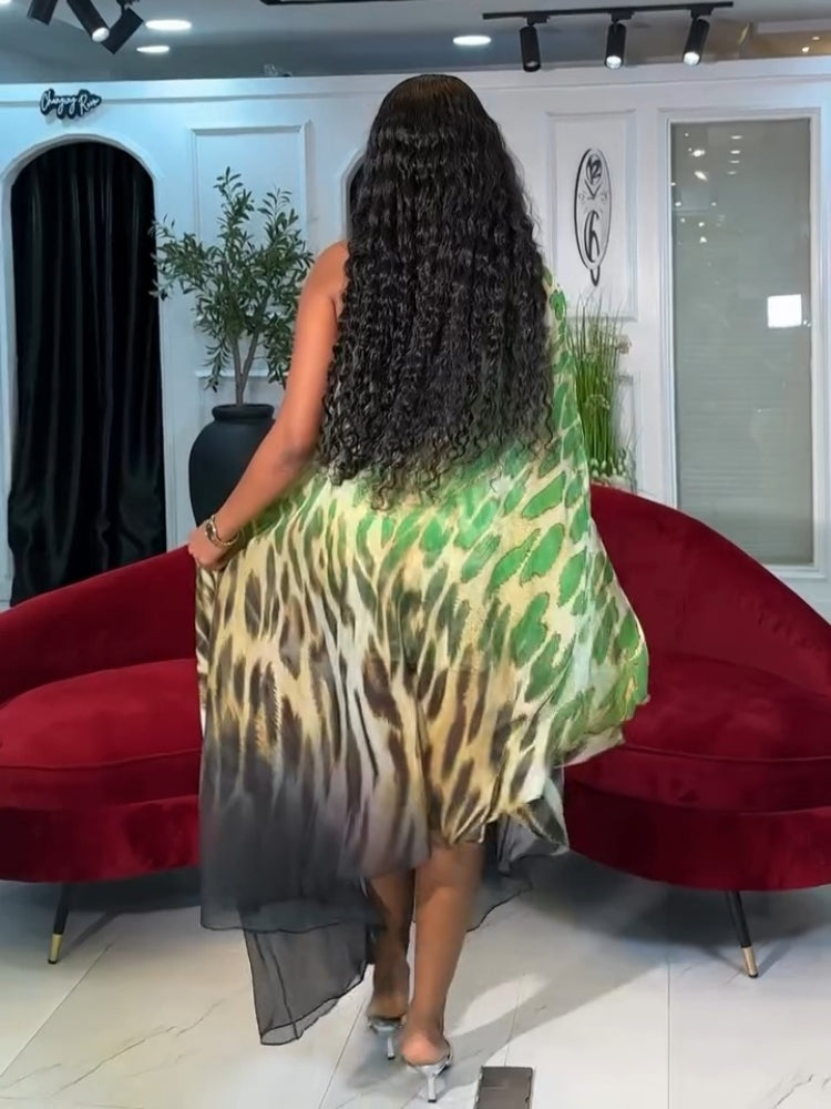 Green And Black Animal Print Maxi Dress With A Slit And Spaghetti Straps