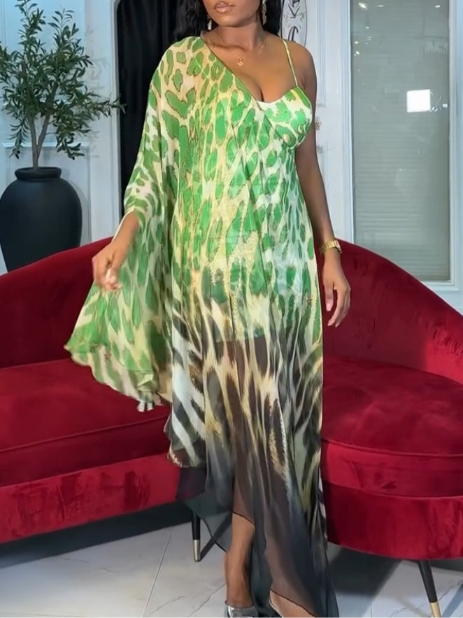 Green And Black Animal Print Maxi Dress With A Slit And Spaghetti Straps