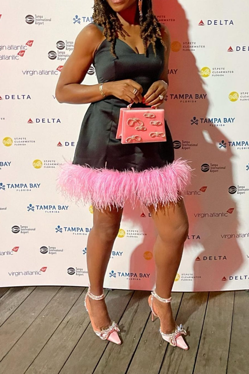 Black Sleeveless Pink Feather Mini Dress
