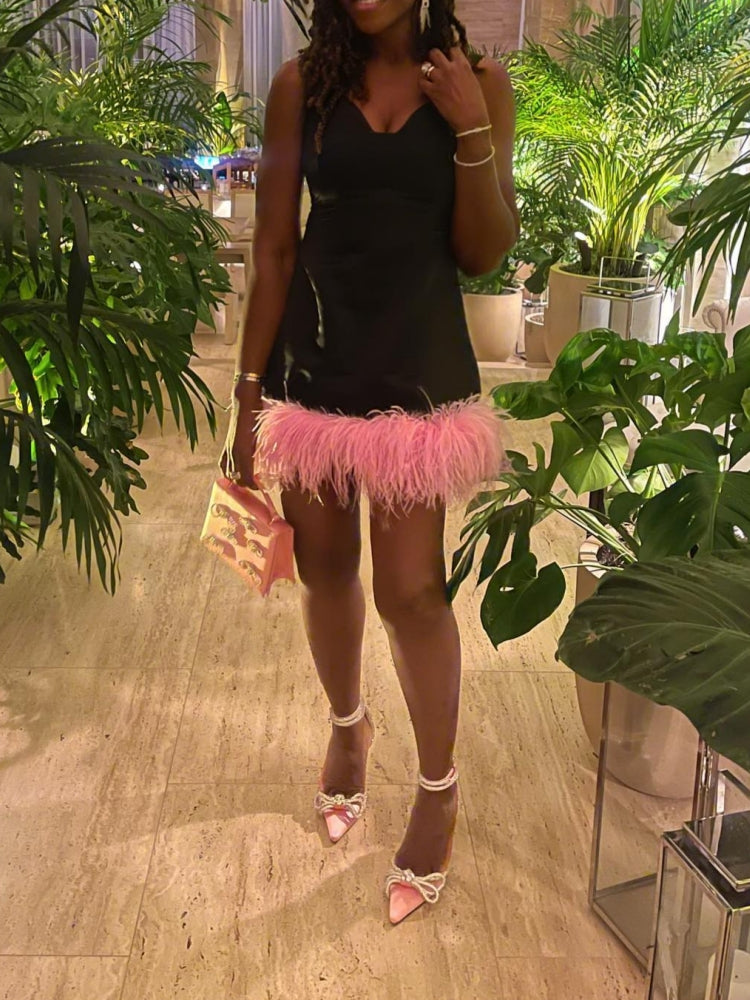 Black Sleeveless Pink Feather Mini Dress