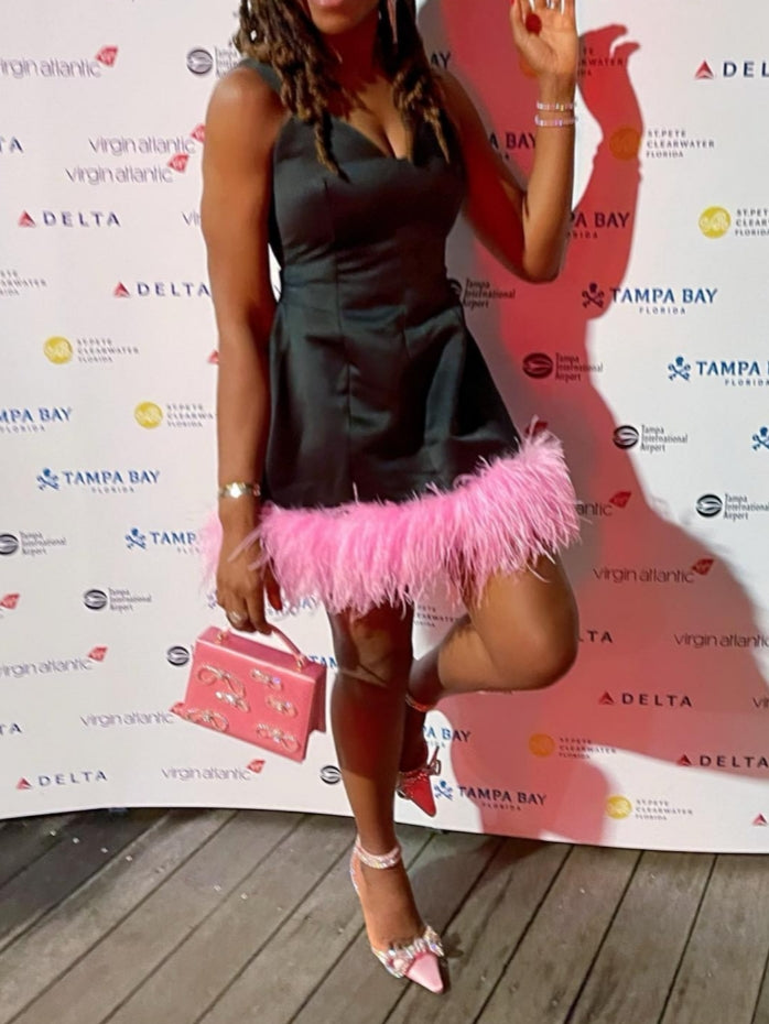 Black Sleeveless Pink Feather Mini Dress