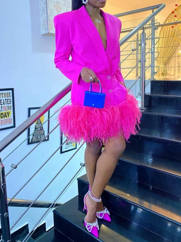 Bright Pink Blazer Mini Dress With Feathered