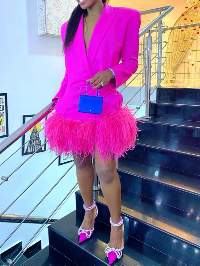Bright Pink Blazer Mini Dress With Feathered