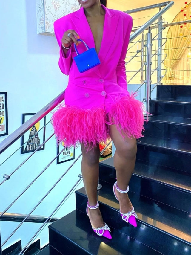 Bright Pink Blazer Mini Dress With Feathered