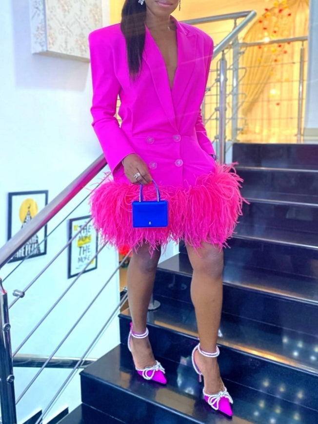 Bright Pink Blazer Mini Dress With Feathered