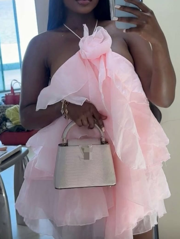 Pink Ruffled Off-Shoulder Dress