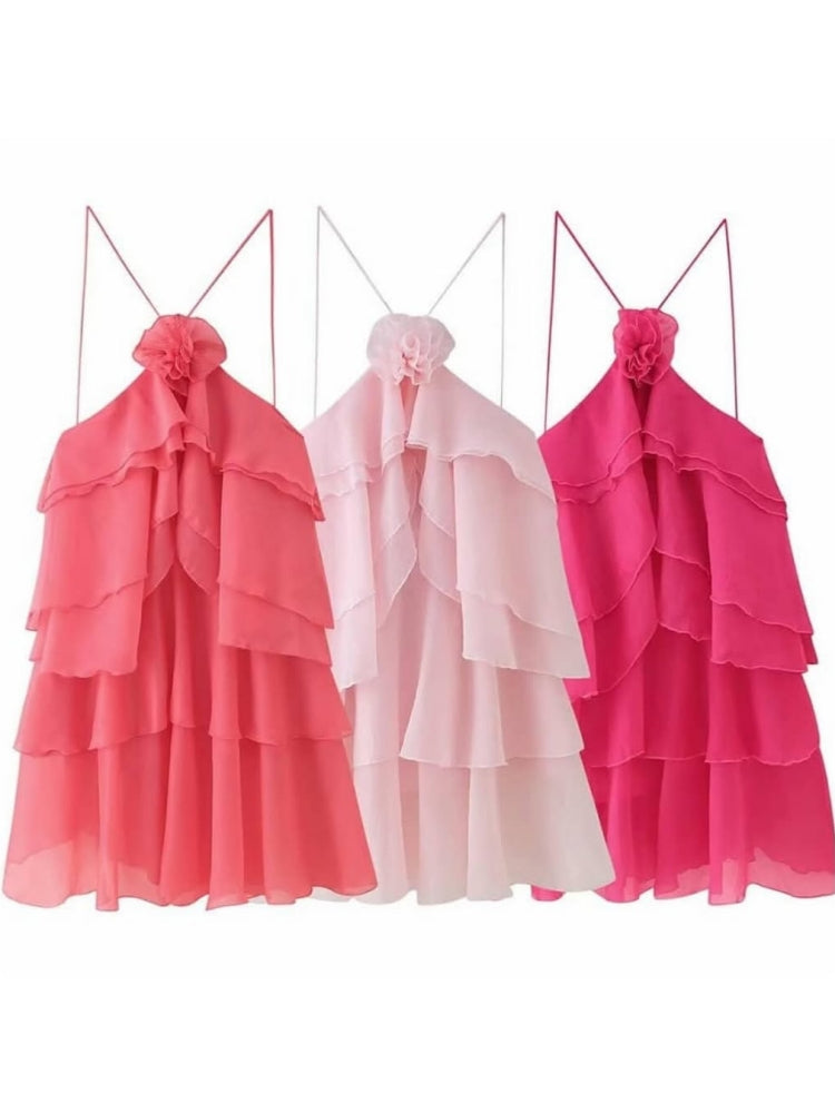 Pink Ruffled Off-Shoulder Dress