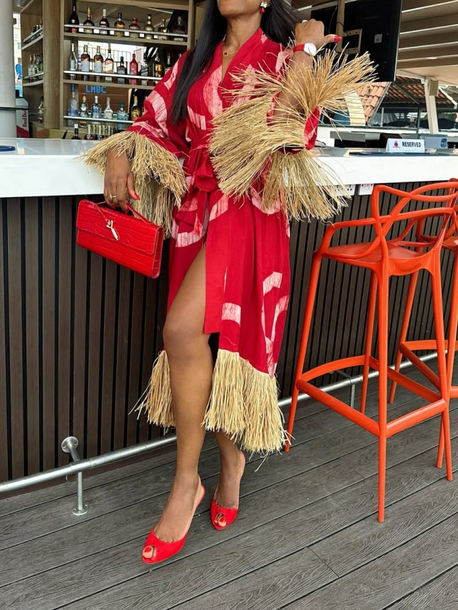 Red Dress with Gold Fringe Accents