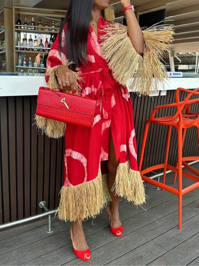 Red Dress with Gold Fringe Accents
