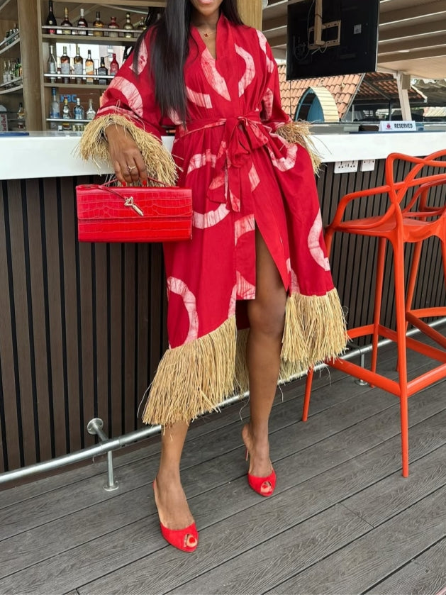 Red Dress with Gold Fringe Accents