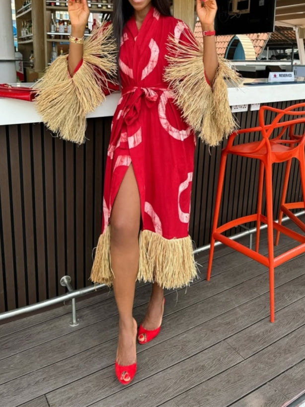 Red Dress with Gold Fringe Accents