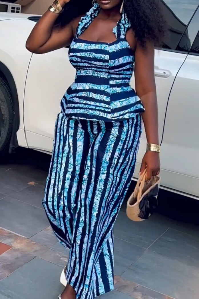 Blue Striped Tie-Dye Two-Piece Set