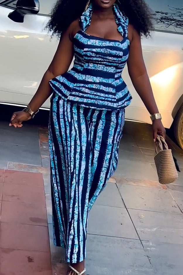 Blue Striped Tie-Dye Two-Piece Set