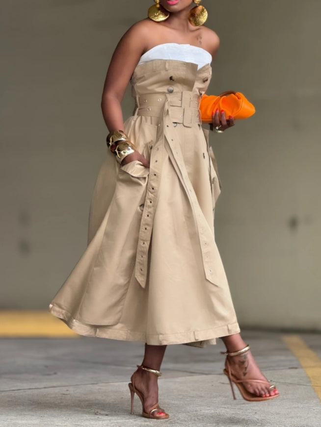Beige Strapless Corset-Belted Midi Dress
