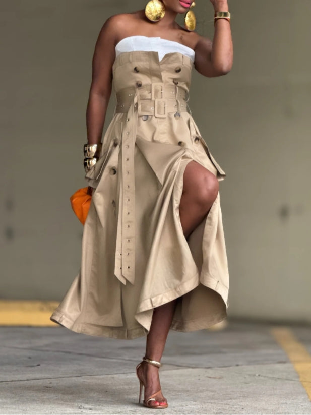 Beige Strapless Corset-Belted Midi Dress