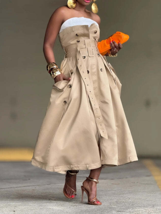 Beige Strapless Corset-Belted Midi Dress