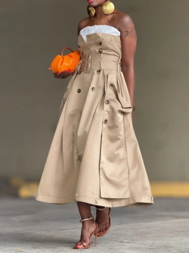 Beige Strapless Corset-Belted Midi Dress