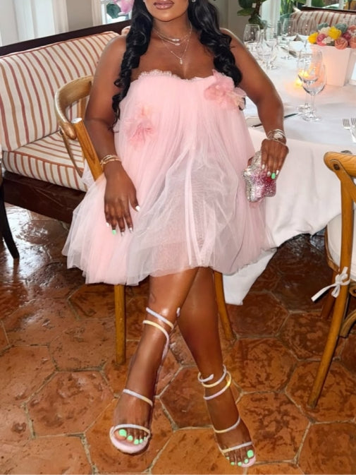 Light Pink Tulle Strapless Mini Dress