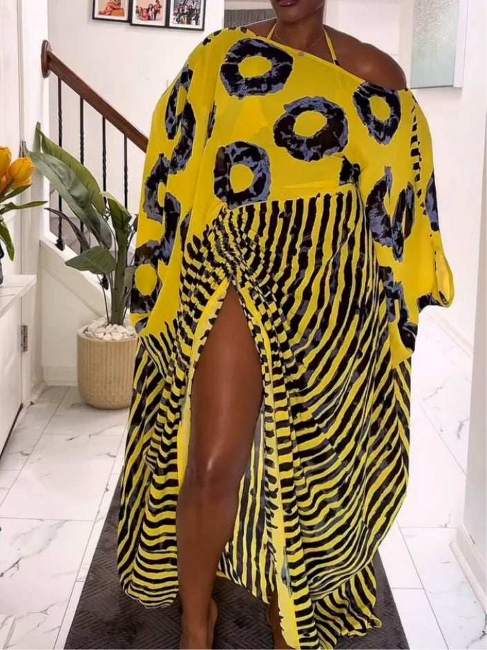 Bright Yellow And Black Abstract Print Kaftan Maxi Dress