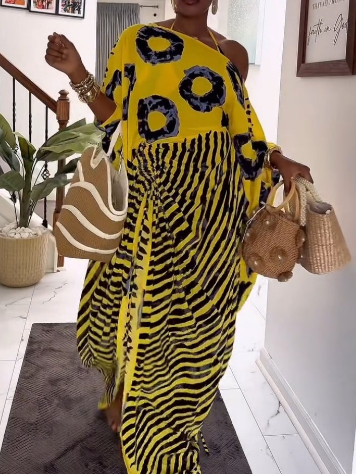 Bright Yellow And Black Abstract Print Kaftan Maxi Dress