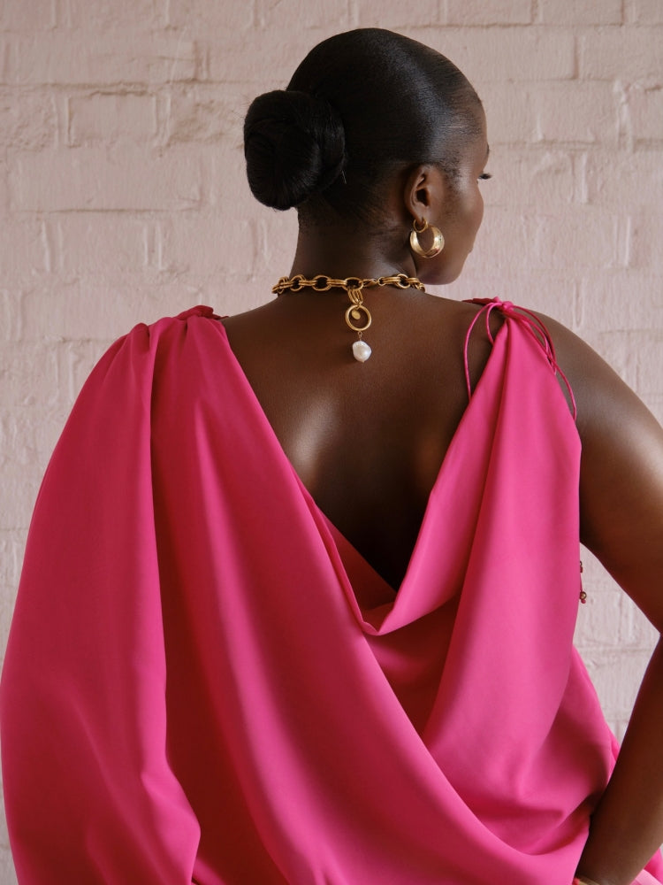 Hot Pink One-Shoulder Draped Mini Dress