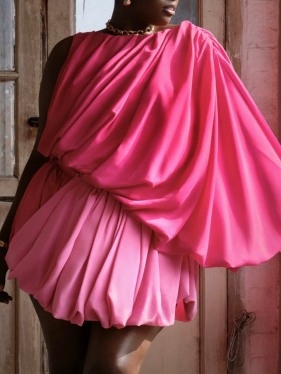 Hot Pink One-Shoulder Draped Mini Dress