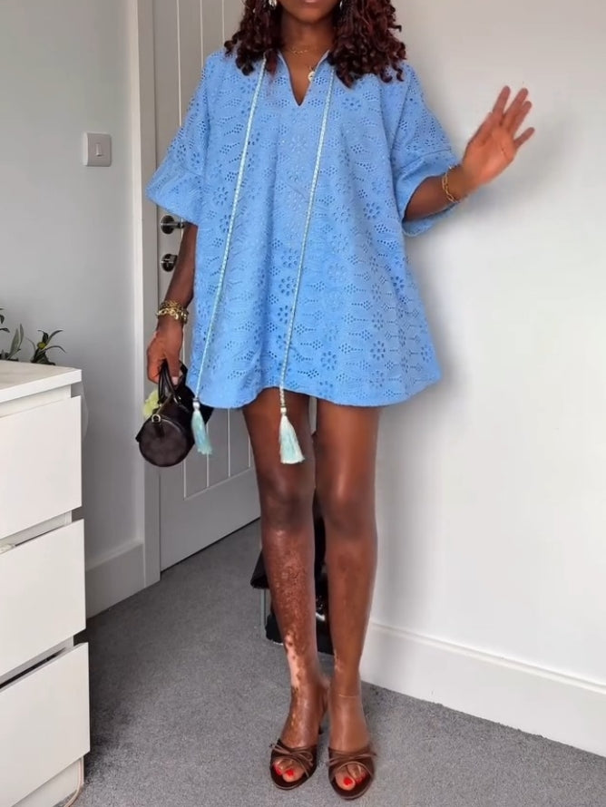 Light Blue Eyelet Knit Tunic Dress